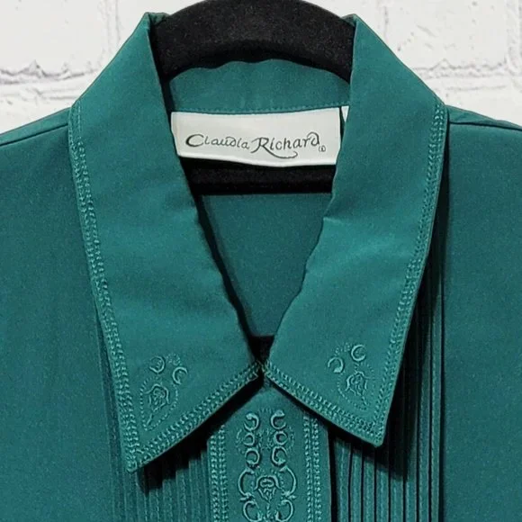 Claudia Richard Green Embroidered Button Front Blouse 10 - Picture 2 of 7